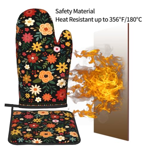 Boho Floral Oven Mitts and Pot Holder Set of 2 Colorful Flower Heat Resistant Hot Pads Non Slip Washable for Kitchen Cooking Grilling BBQ