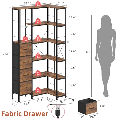 6 Tier Corner Bookshelf with LED and 4 Fabric Drawers (7 Count)