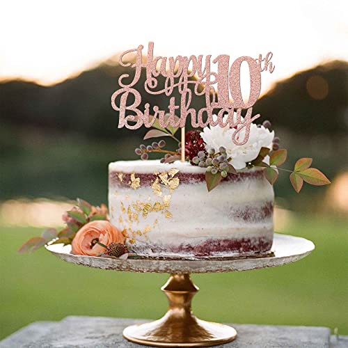 1 PCS Happy 10th Birthday Cake Topper Glitter Cheers to 10 Years Birthday Cake Pick 10 Fabulous Double Digits Cake Decoration for Happy 10th Birthday Theme Party Decorations Supplies Rose Gold