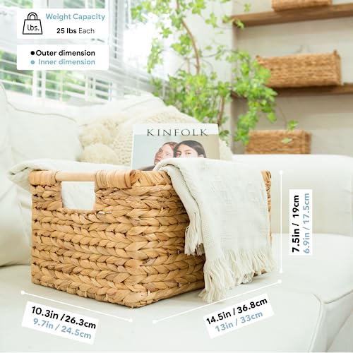 Large Wicker Basket Rectangular with Wooden Handles for Shelves (3 Count)
