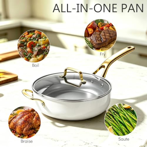 10-in-1 White Ceramic Nonstick Deep Saute Pan Set With Steamer & Lid, 4QT