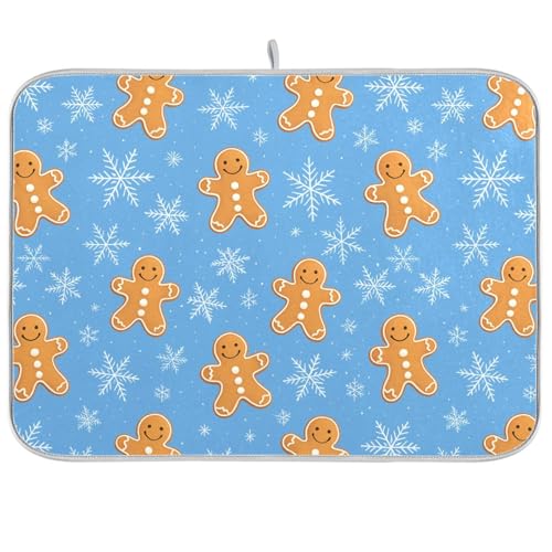 Snowflake Gingerbread Cookie Blue Dish Drying Mat for Kitchen Counter Absorbent Microfiber Drying Pad