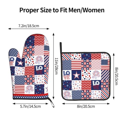 4th of July Patriotic Oven Mitts and Pot Holder Set of 2 Independence Day Heat Resistant Kitchen Gloves Hot Pads for Cooking Grilling BBQ