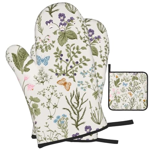 Vintage Floral Oven Mitts and Pot Holders Sets of 3 Cute Botanic (3 Count)