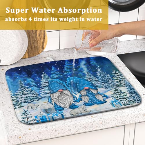 Winter Blue Gnome Dish Drying Mat for Kitchen Counter Pine Tree Microfiber Dish Pad Absorbent Reversible Fast Dry Draining Mats 16x18 Inch