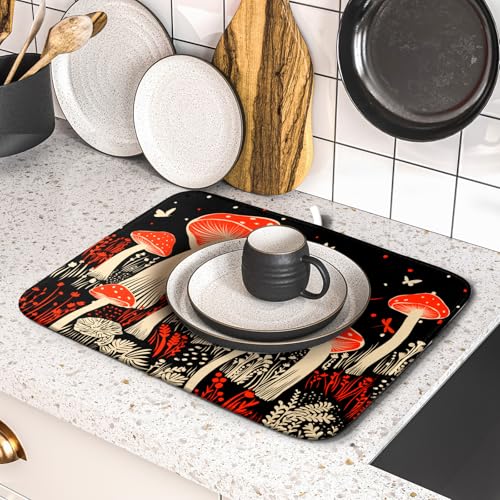 Red Mushroon Dish Drying Mat for Kitchen Counter Black Microfiber Absorbent Dish Pad Small