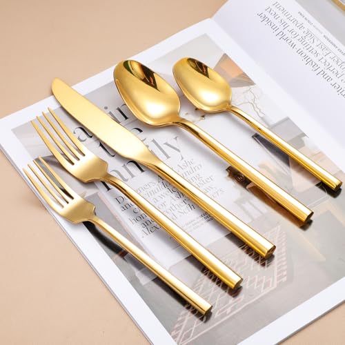 Mirror Silverware Set Gold Flatware Set with Hexagon Handle 20 Pieces 18 (20 Count)
