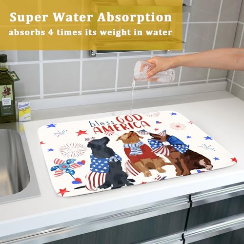 4th of July Patriotic Dogs Dish Drying Mat American Independence Day Dish Dry Pad 18"x24" Absorbent Dishes Drainer Mat for Kitchen Counter