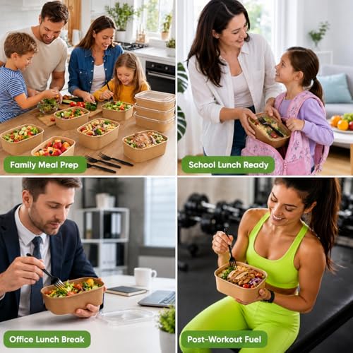 50 Pack 35oz Disposable Kraft Paper Bowls【with Lids and Forks】 (50 Count)