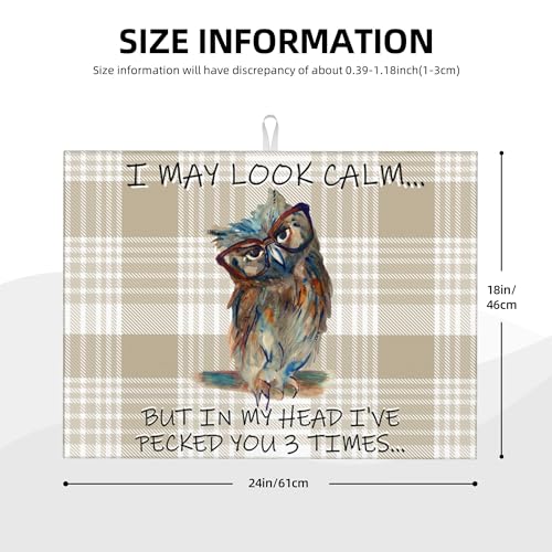 Kitchen Drying Mat Funny Owl Dish Drainer Mat for Kitchen Counter Microfiber Absorbent Reusable Washable 18x24 Inch Home Holiday Decor Cute Buffalo Plaid Drying Pad