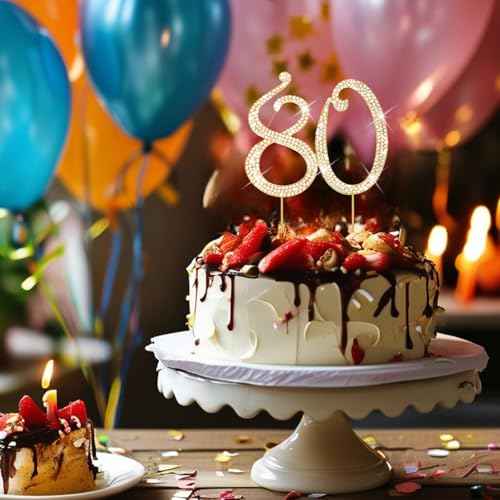 Cake Topper 80th Birthday Decorations for Women Gold Rhinestone Cake Toppers