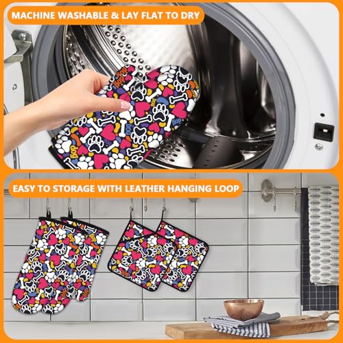 Paw Prints Oven Mitts and Bones Hearts Pot Holders Sets 4Pcs