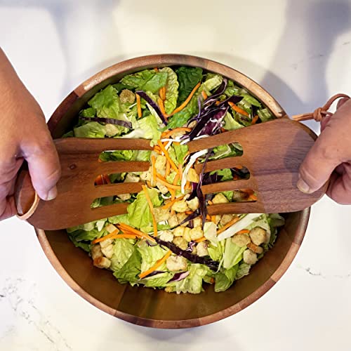Woodard & Charles Acacia Wood 10" Salad Bowl with Salad Hands