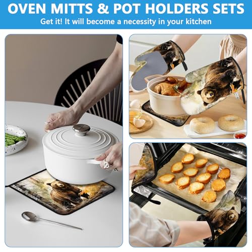 Watercolor Brown Bear Oven Mitts and Pot Holders Sets Heat Resistant 4Pcs Autumn Forest Animal Potholders Oven Gloves Hot Pads for Kitchen Baking Cooking Grilling BBQ (4 Count)