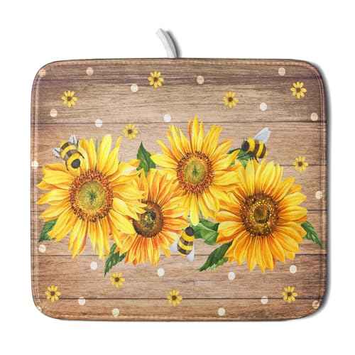 Sunflower Bee Dish Drying Mat for Kitchen Counter Home 16x18 Inch Wood Barn Microfiber Drainer Rack Mats Washable Absorbent Dish Dry Pad