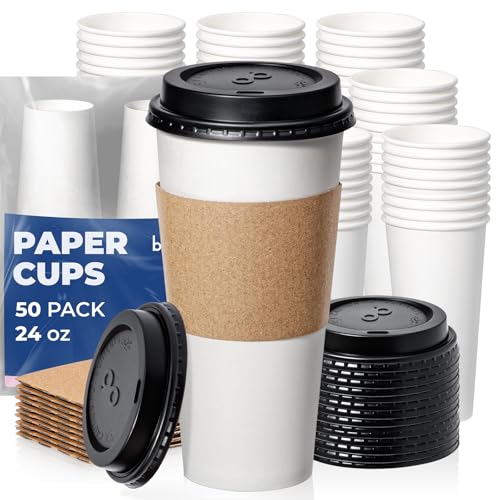 24 oz 50 Pack To Go Coffee Cups with Lids and Sleeves (50 Count)