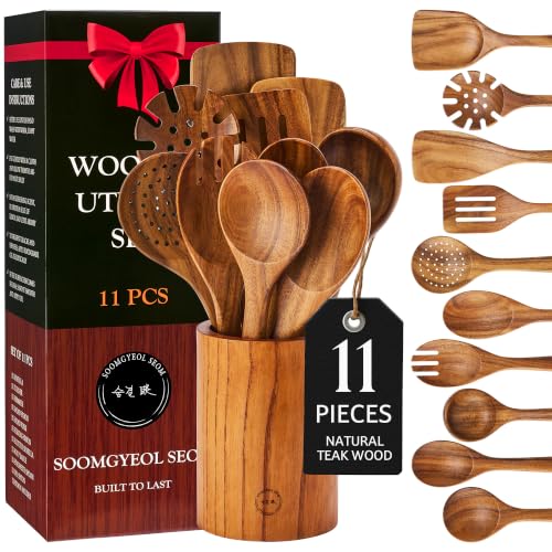 11 Piece Teak Wood Cooking Utensil Set with Holder (11 Count)