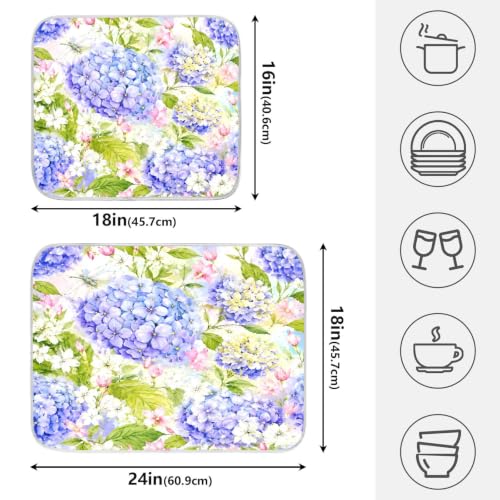 Floral Hydrangea Garden Dish Drying Mat for Kitchen Counter Absorbent Microfiber Small Drying Pad Dish mats for Kitchen Countertops 16 x 18 Inch