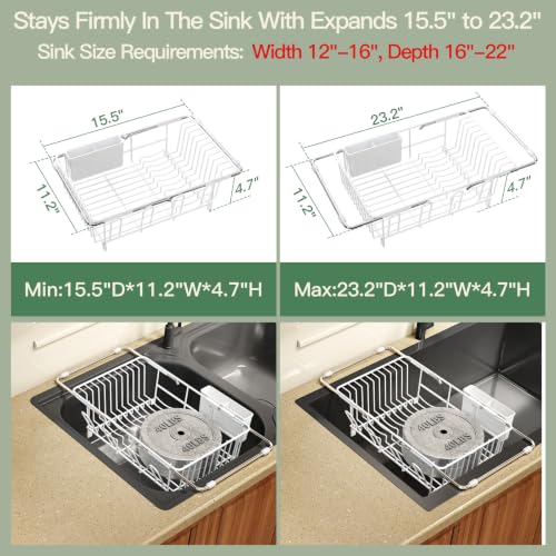 White Expandable Dish Drying Rack Over Sink with Anti