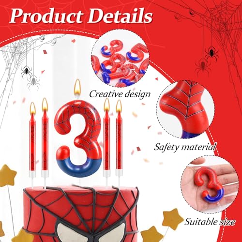 13 Pcs Spider Themed Birthday Candle Set Red Spider Theme Number 3 Candle Cake Topper for Boys Girls Birthday Decoration Spider Party Decoration Supplies (13 Count)