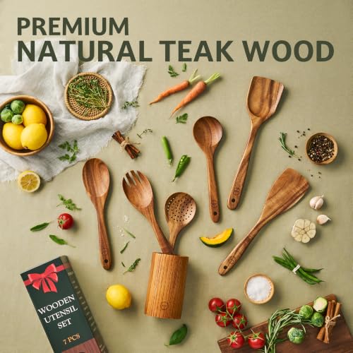 7 Piece Teak Wood Cooking Utensil Set with Holder (7 Count)