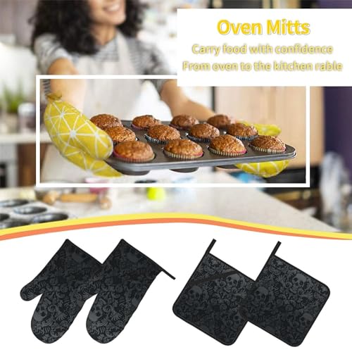 Victorian Gothic Black Skull Damask Oven Mitts and Pot Holders Sets of 4