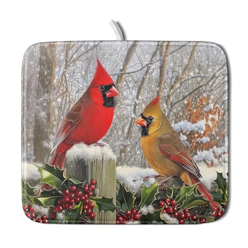 Winter Birds Dish Drying Mat Red Berry Dish Drainer Rack Mat Microfiber Absorbent Dish Drying Pad for Kitchen Counter Coffee Bar 16x18 Inch