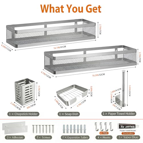 5-in-1 16.5" Extra Long Slim Wall Mount Wrapped Mesh Kitchen Organizer & Shower Caddy Kit, with Paper Towel Holder, Utensil Holder, Soap Dish, Holds 50LBS - Silver Gray, Netting