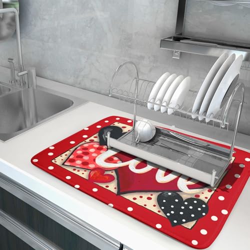 Love Heart Dish Drying Mat 18"x24" Red Dots Microfiber Dish Rack Mat Holiday Absorbent Fast Dry Draining Pad for Kitchen Counter Bar Sinks
