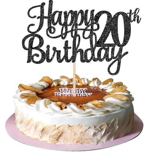 1 PCS Happy 20th Birthday Cake Topper Glitter Cheers to 20 Years Birthday Cake Pick Twenty 20 Fabulous Cake Decoration for Happy 20th Birthday Theme Party Decorations Supplies Black