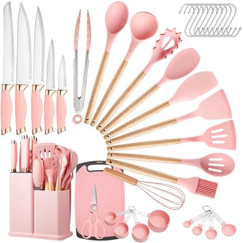 37 PCS Kitchen Utensils Set, Silicone Cooking Utensils Set with Knife Set and Holder, Wooden Handle Kitchen Tool Set (Pink)