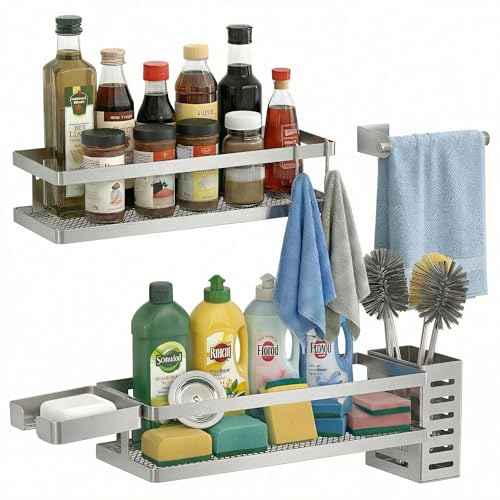 5-in-1 Shower Caddy & Kitchen Organizer Set, Wall Mount Wide Spice Rack with Paper Towel Holder, Utensil Holder, Soap Dish, Rustproof Mesh Baskets Hold 50LBS - Silver Gray, Guardrail