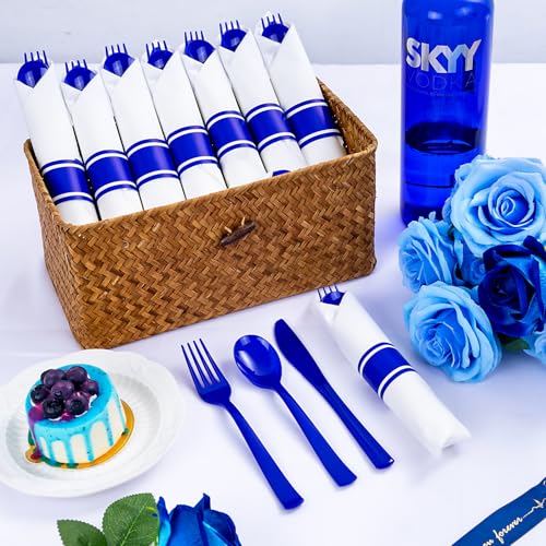 400PCS Pre Rolled Blue Plastic Silverware Set Heavy Duty for Wedding (400 Count)