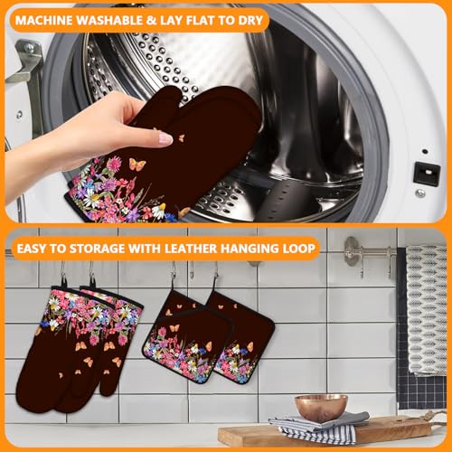 Watercolor Flowers Oven Mitts and Pot Holders Sets 4Pcs