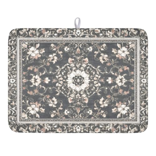 Boho Floral Dish Drying Mat Grey Leaves Dishes Drainer Pad 18x24 Inch Microfiber Absorbent Kitchen Dry Rack Mat for Counter Tableware Decor