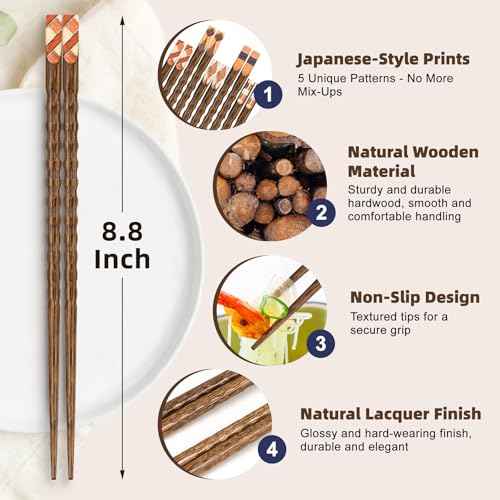 5 Pairs Wooden Chopsticks Reusable Classic Japanese Style Chop Sticks Dishwasher Safe Hand (5 Count)