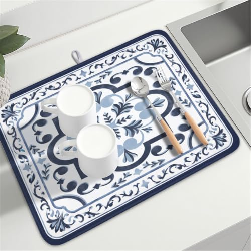 Navy Flower Dish Drying Mat Modern Boho Microfiber Dishes Drainer Pad 18x24 Inch Absorbent Fast Dry Dish Rack Mat for Kitchen Counter Sink