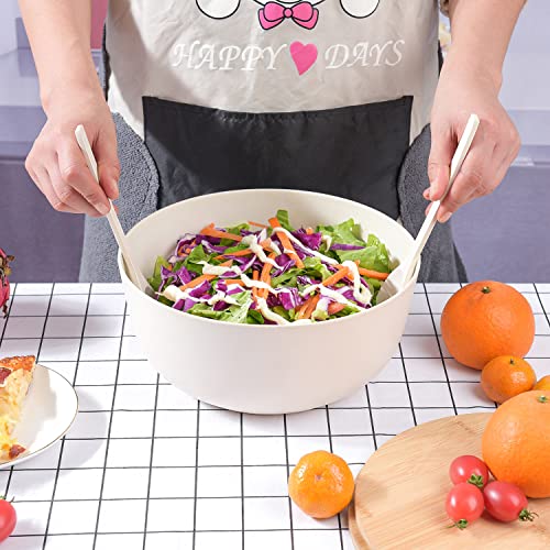 Bamboo Fiber Salad Bowl with Servers Set Large 9.8 inches Nature Bamboo Mixing Bowl with Servers with Lid Spoon and Fork for Fruits
