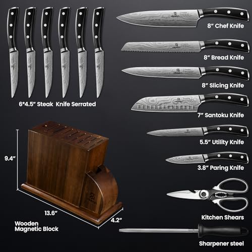 15 PC Magnetic Knife Sets for Kitchen with Block (15 Count)