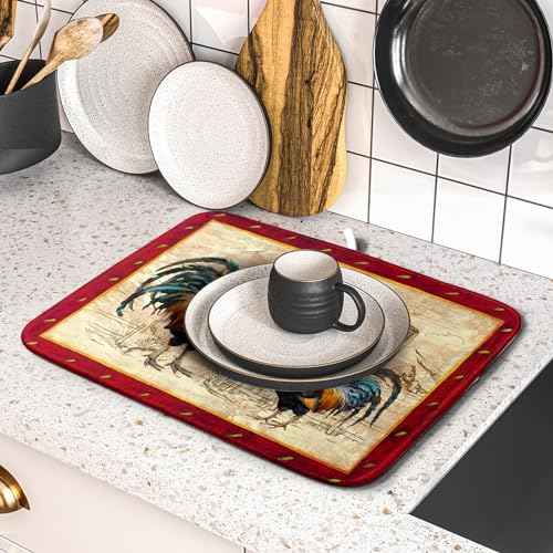 Farm Rooster Dish Drying Mat for Countertop 16x18 Inches Red Rustic Chicken Absorbent Microfiber Dry Dishes Pads Kitchen Counter Accessories