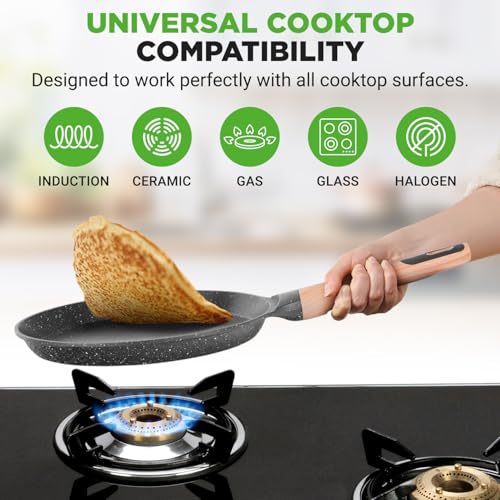 2-Pack Non-Stick Crepe Pan Set, 9.4" Marble Coated Dosa Pans with Wooden Spreaders, Bakelite and Wood Handles, Induction-Compatible, Dishwasher Safe, Even Heat Distribution, Black Marble (2 Count)