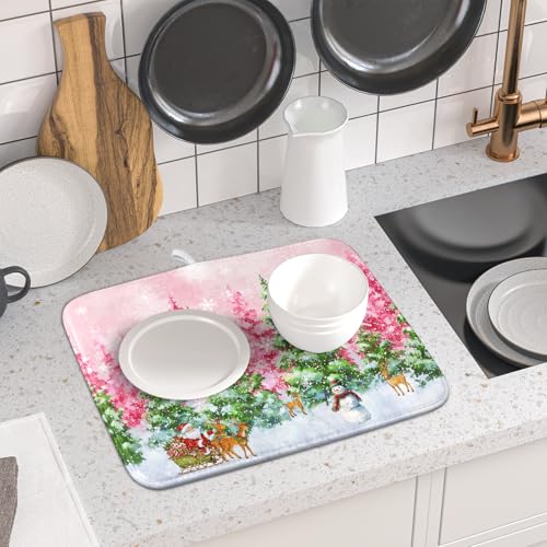 Pink Christmas Dish Drying Mat for Kitchen Counter Absorbent Dish Dry Pad