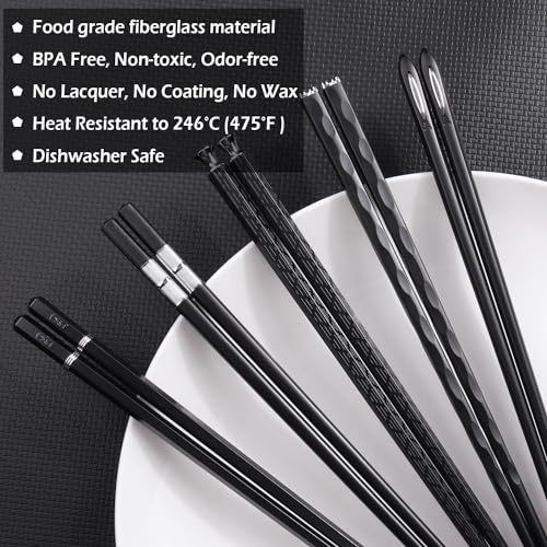 5 Pairs Premium Chopsticks Reusable Dishwasher Safe 9.5 Inch Fiberglass Chop Sticks Gift Set Non Slip Black + Silver