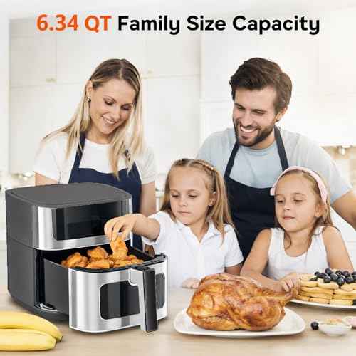 8-in-1 Air Fryer 6.34 Qt, Digital Preset Airfryer with Visible Window, Nonstick and Dishwasher-Safe Basket, Air Fry, Chicken, Pizza, Dehydrate, Fries, 90-Min Timer, 1700W, Gray