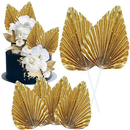 6Pcs Paper Palm Fan Cake Toppers Palm Spear Leaves Fan Cupcake Toppers Cake Insert Decorations Craft DIY Cake Bakeware Decoration for Birthday Party Wedding Party Decor Supplies Light Gold (6 Count)