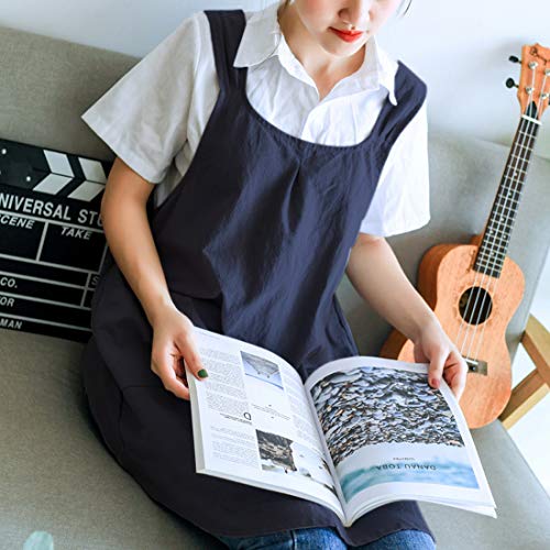 Japanese Linen Cross Back Kitchen Cooking Aprons for Men with Pockets for Baking Painting Gardening Cleaning Navy Blue