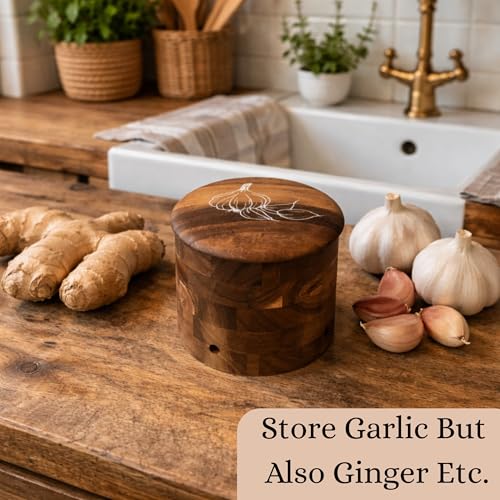 The Garlic Shack Acacia Wood Garlic Keeper For Counter With Lid 4 Inch