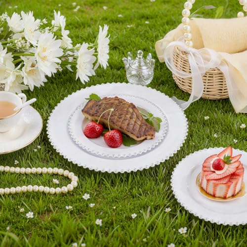 100pcs White Plastic Plates with Silver Beads for Bridal Showers (100 Count)