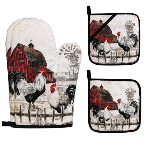 Rooster Print Oven Mitts and Pot Holders Sets of 4 Rustic Chicken Kitchen Mitts Potholders Heat Resistant Farmhouse Cute Oven Gloves Hot Pads for Chicken Kitchen Decor