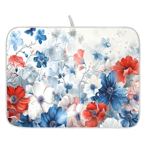 4th of July Patriotic Blue Red White Flowers Dish Drying Mat for Kitchen Counter Absorbent Microfiber Large Independence Day Drying Pad Dish Mats for Kitchen Countertops 18 x 24 Inch